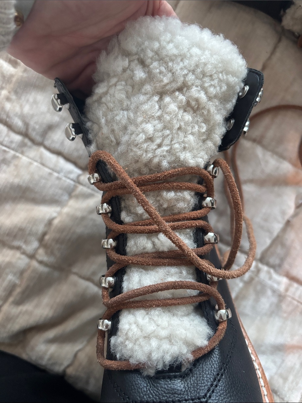 Marc Fisher Black Lace-Up Boots with Brown Laces and Cream Shearling - Picture 7 of 7